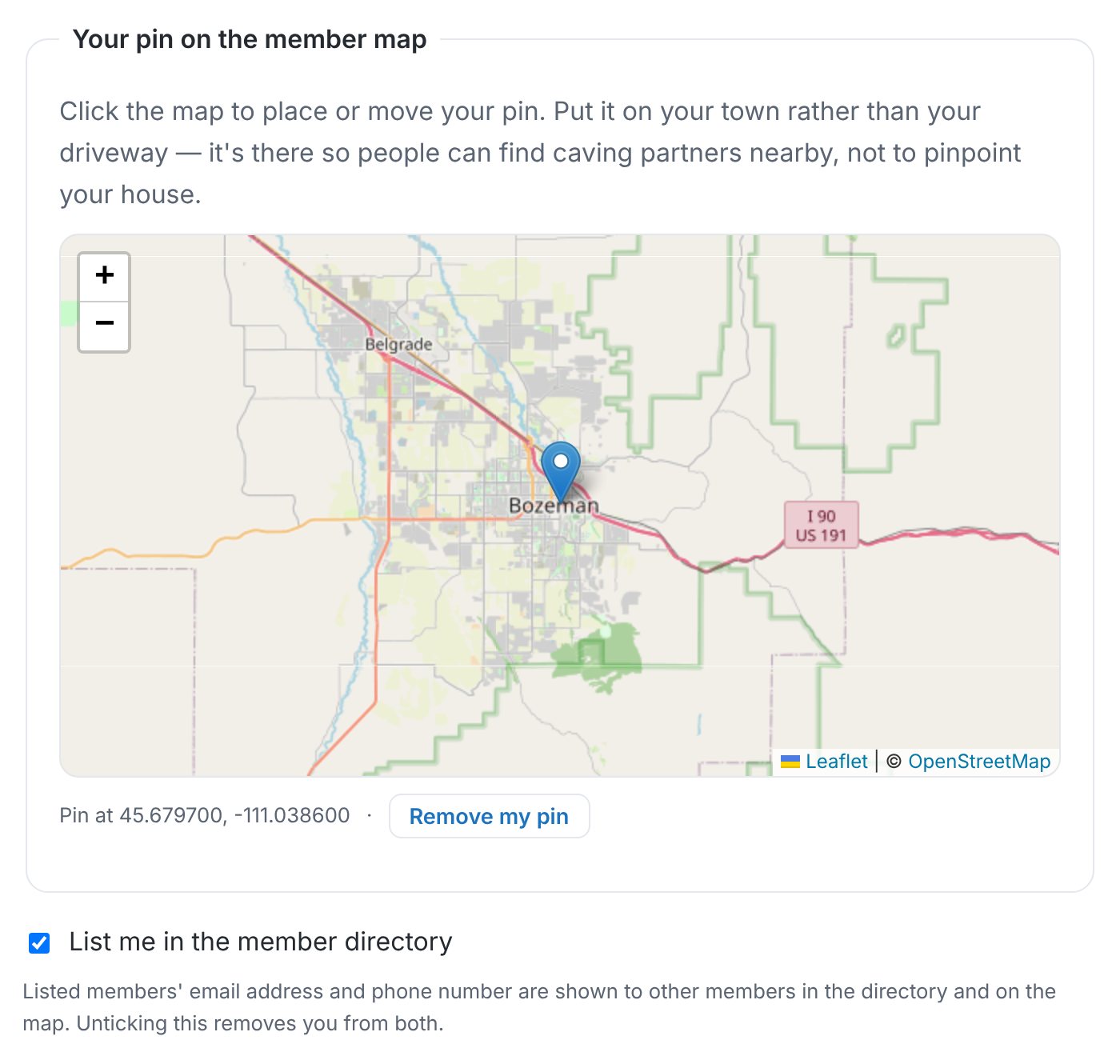 The pin picker on the profile page, with a pin dropped on Bozeman