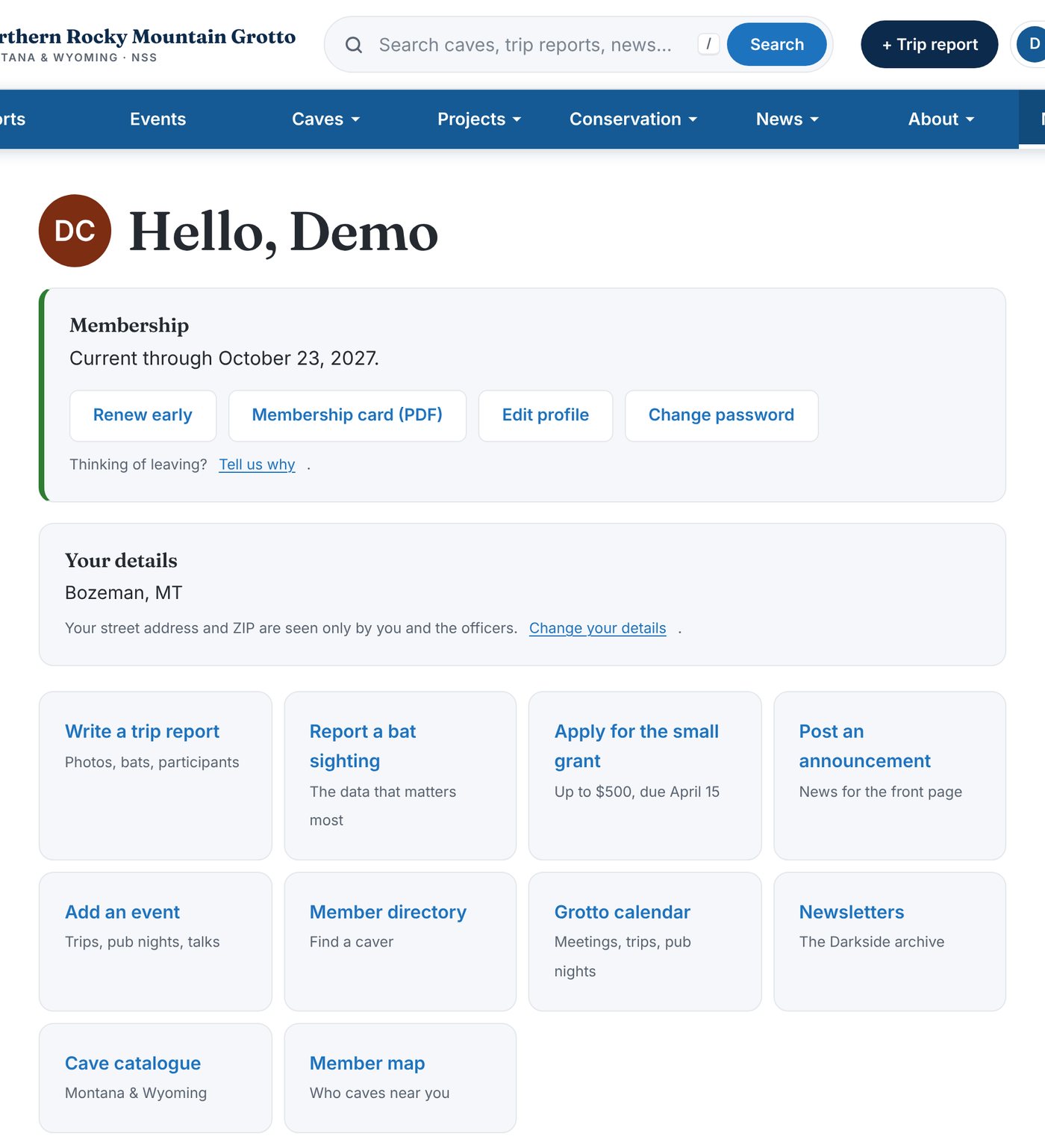 The member profile page with membership dates, the membership card button and shortcuts